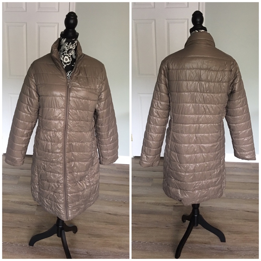 Long Khaki Puffer Coat with Pockets - Picture 2 of 4